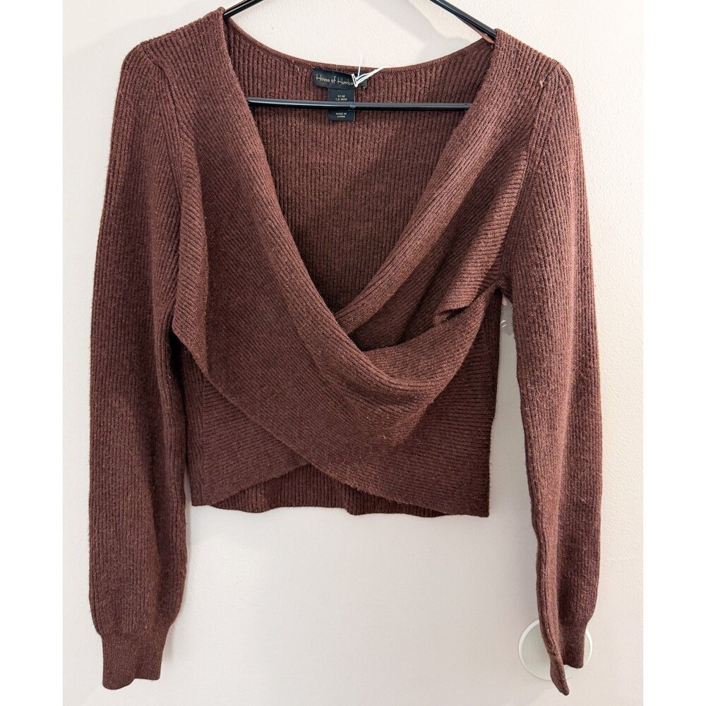 House of Harlow 1960 Sweater Women Medium Brown Wrap Twist Front Crop Top Ribbed